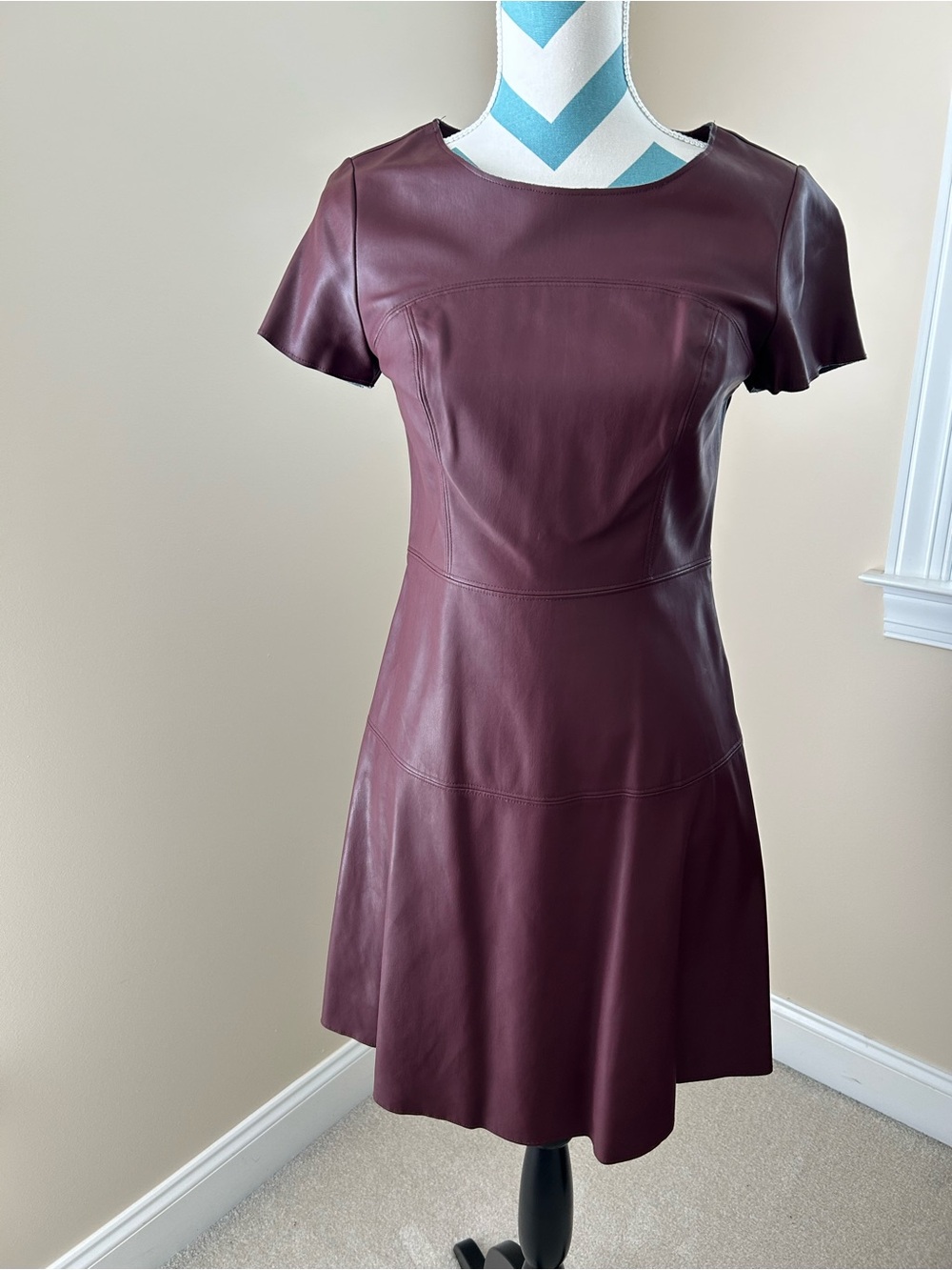 Worthington Burgundy Faux Leather Short Sleeve Fit & Flare Dress